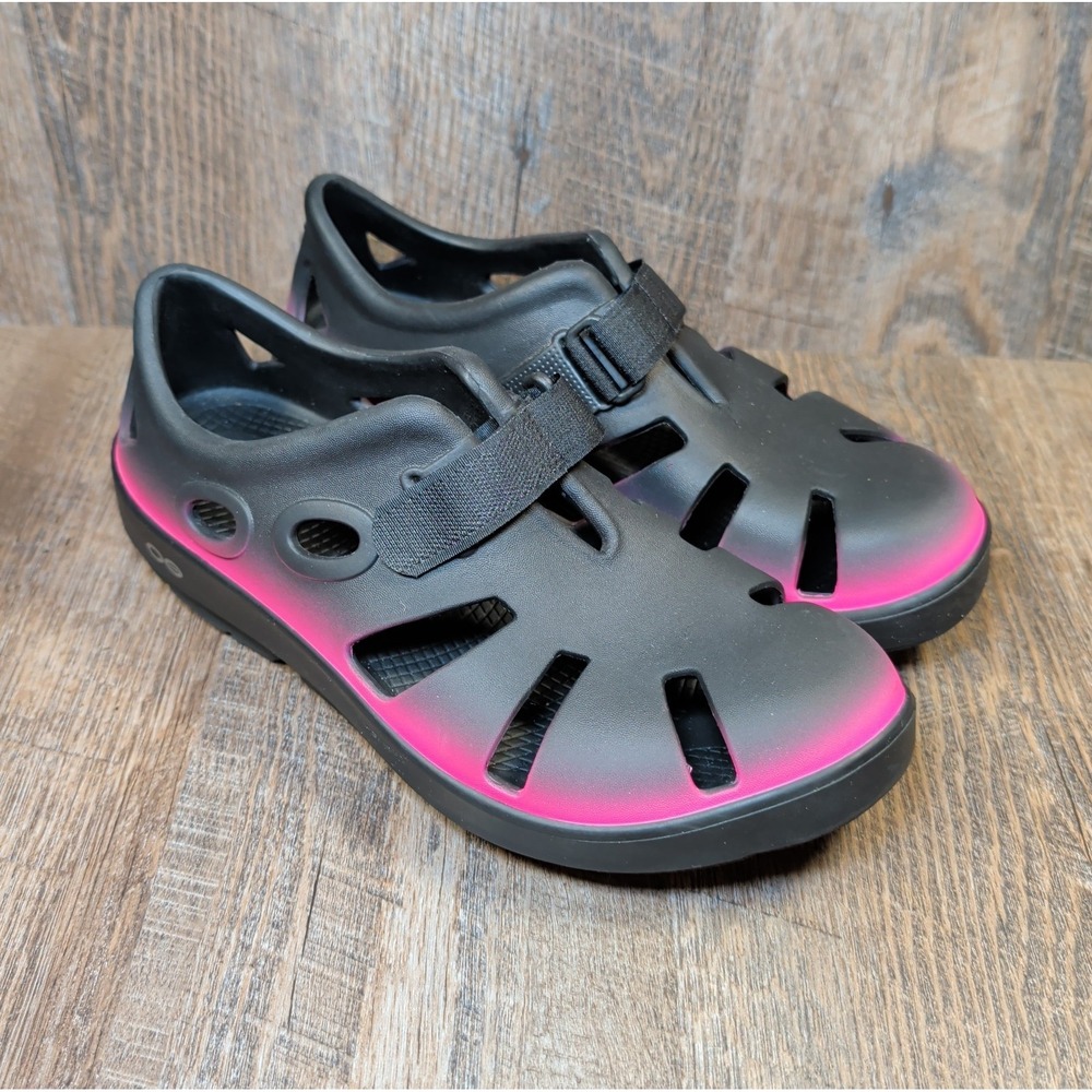 OOFOS OOcandoo Recovery Sandals Women's 9 Black Hot Pink Unisex Comfort Outdoor